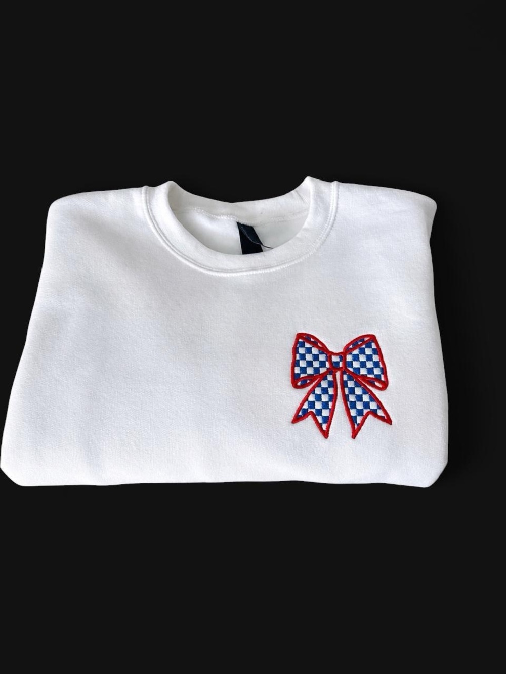Women’s White Sweatshirt with Red & Blue Check Embroidered Bow